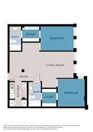 A floor plan of a living space with a kitchen, two bathrooms, and two bedrooms.