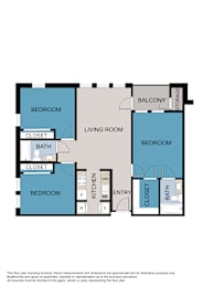A floor plan of a living space with two bedrooms, a bath, a kitchen, and a balcony.