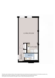 A floor plan of a living room, kitchen, and bathroom.