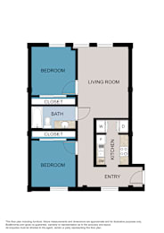 A floor plan of a house with a living room, two bedrooms, a bathroom, a kitchen, and an entry.