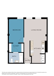 A floor plan of a room with a bedroom, living room, kitchen, bathroom, and entry.