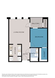 A floor plan of a house with a living room, kitchen, bathroom, and bedroom.