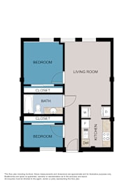 A floor plan of a room with a bedroom, living room, bathroom, and kitchen.