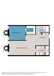 A floor plan of a room with a bed, bath, and kitchen.