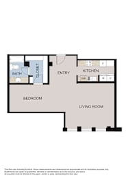 A floor plan of a room with a bedroom, bathroom, kitchen, living room and entry.