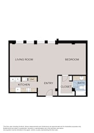 A floor plan of a small apartment with a living room, kitchen, entry, bath, and bedroom.