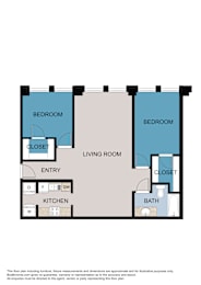 A floor plan of a living room with a kitchen and two bedrooms.