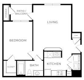 A black and white image of a floor plan for a house with a living room, kitchen, bedroom, bathroom, and closet.