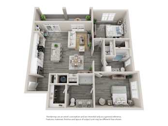 A 3D floor plan of a house with a kitchen, living room, and bedrooms.