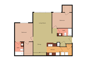 A floor plan of a house with a living room, two bedrooms, a dining area, a kitchen, and two bathrooms.