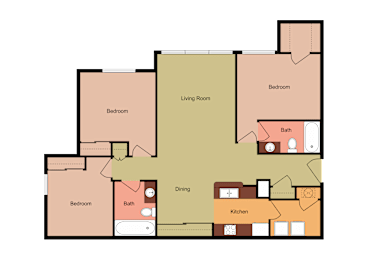 A floor plan of a house with a living room, two bedrooms, a kitchen, and a dining area.