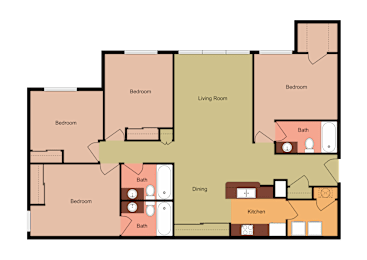 A floor plan of a house with labeled rooms such as Bedroom, Living Room, Dining, and Kitchen.