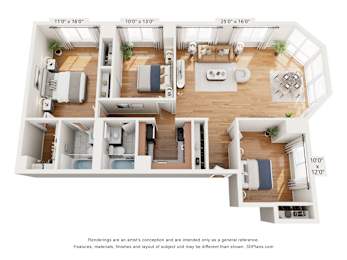 A floor plan of a two-bedroom apartment with a living room, kitchen, and bathroom.