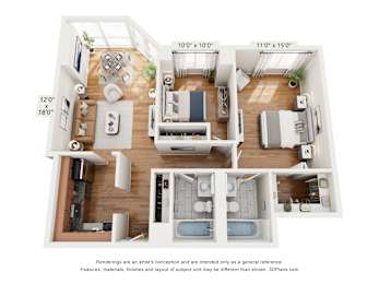 A 3D floor plan of a small apartment with a kitchen, living room, and bedrooms.