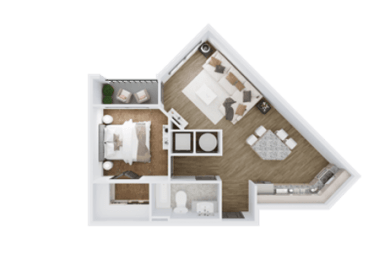 a 1 bedroom floor plan with a bathroom and a living room