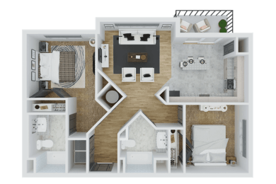 a 3d floor plan of a bedroom with a bathroom and a living room