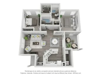 A 3D floor plan of a house with a kitchen, living room, and two bedrooms.