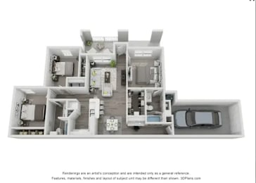 A 3D floor plan of a house with a kitchen, living room, and two bedrooms.