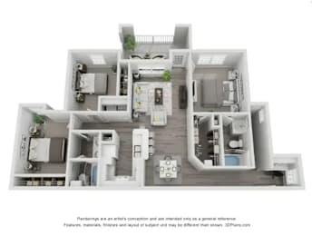 A 3D floor plan of a house with a kitchen, living room, and two bedrooms.