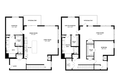 A black and white floor plan of a house with two master bedrooms.