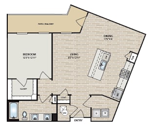 A floor plan of a house with a bedroom, living room, and dining area.