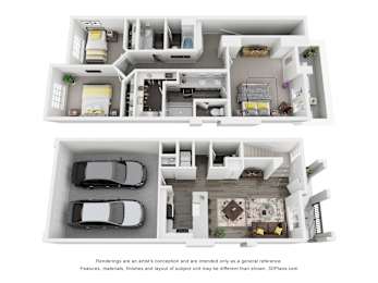 A 3D floor plan of a house with two bedrooms, a living room, a kitchen, a dining room, and a garage.