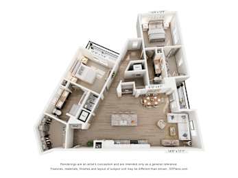 A 3D floor plan of a house with a living room, kitchen, and two bedrooms.
