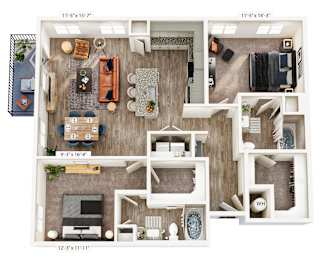 A floor plan of a house with a living room, kitchen, and two bedrooms.