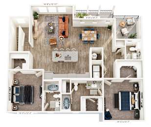 A floor plan of a house with a living room, dining room, kitchen, and bathrooms.