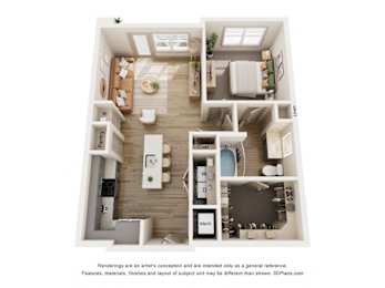 A 3D floor plan of a house with labeled rooms.