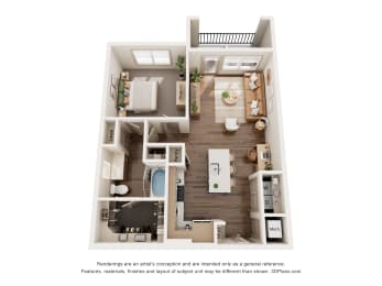 a stylized floor plan of a 1 bedroom apartment