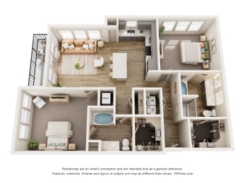 a 3d rendering of a floor plan with a bedroom and living room