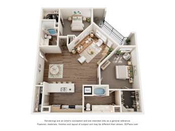 A 3D floor plan of a house with a kitchen, living room, and bathroom.