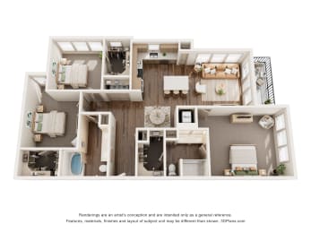 a stylized floor plan of a 3 bedroom apartment