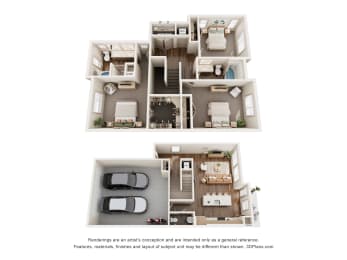 a stylized 3d floor plan of a 3 bedroom apartment