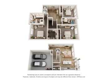 a stylized 3d floor plan of a house with a bedroom and living room