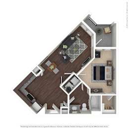 A 3D floor plan of a house with a kitchen, living room, and bathroom.