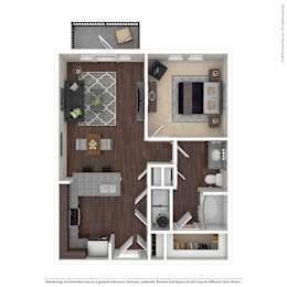 A floor plan of a small apartment with a kitchen, living room, and bathroom.