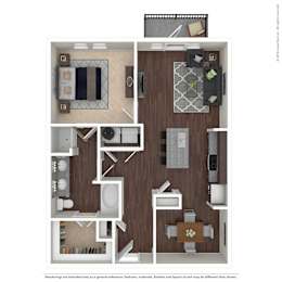 A floor plan of a house with a kitchen, living room, and bathroom.