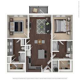 A floor plan of a house with a kitchen, living room, and two bedrooms.