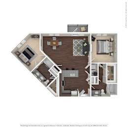 A floor plan of a house with a kitchen, living room, dining room, and two bedrooms.