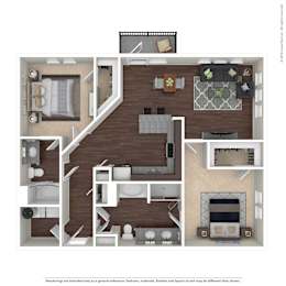 A floor plan of a two-bedroom apartment with a living room, kitchen, and bathroom.