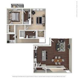 A floor plan of a two-story apartment with a living room, dining room, kitchen, and bedrooms.
