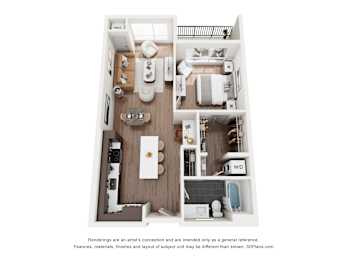 A 3D floor plan of a small apartment with a kitchen, living room, and bathroom.