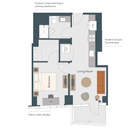 A diagram of a house layout with a living room, bedroom, and a section for custom closet shelving.