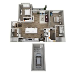 A floor plan of an apartment with a garage for a car.