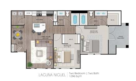 A floor plan of a Laguna Niguel property with two bedrooms and two bathrooms.