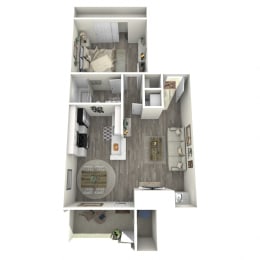 a stylized floor plan with a bedroom and a living room