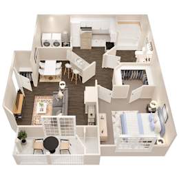 A top down view of a small apartment with a kitchen, living room, and bedroom.