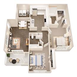 A top-down view of a house interior with a kitchen, living room, and bedrooms.